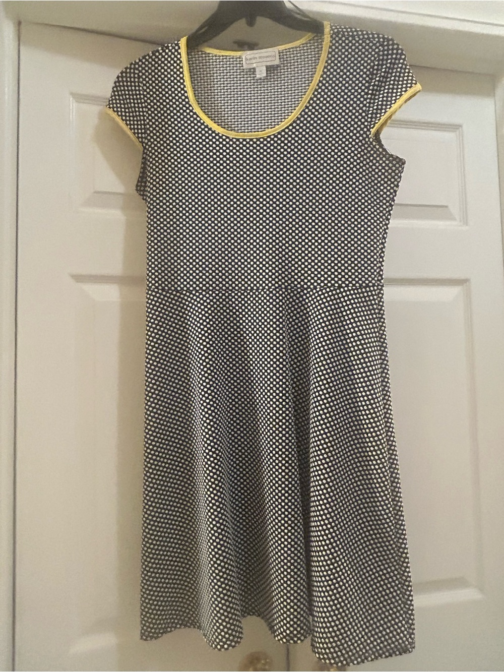 karin stevens Black and White Polka Dot Asymmetrical Dress with Yellow Trim